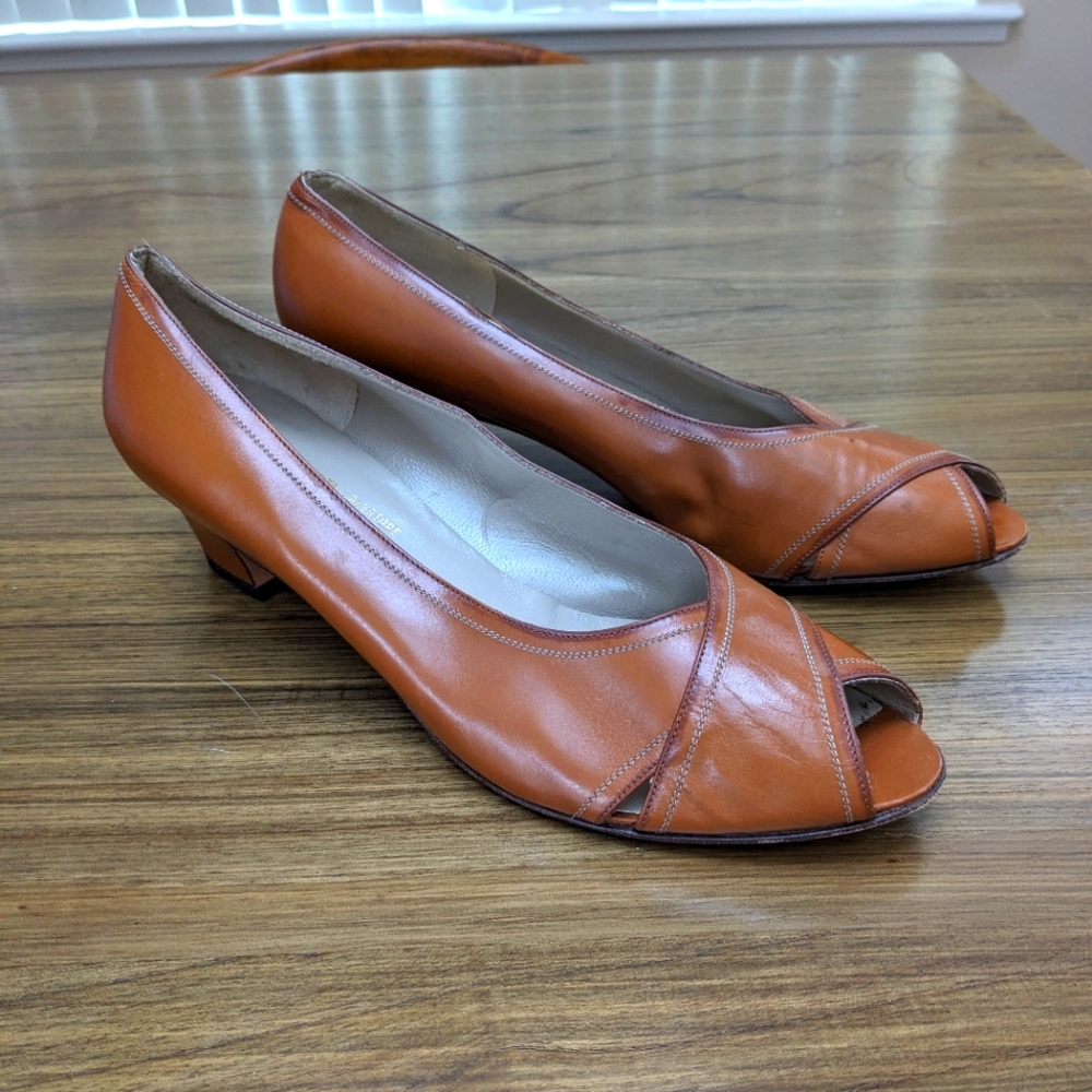 Salvatore Ferragamo Brown Leather Peep Toe Heels Size 9.5